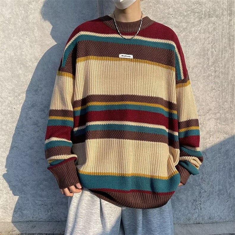 秋冬美式复古超好看日系慵懒风条纹毛衣男女情侣圆领针织衫M7171,男装针织衫/毛衣,星座1116A-1（原606A）