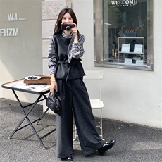 法式优雅气质套装女2025秋新款撞色拼接格纹飘带上衣阔腿裤两件套，女装套装/套裙，2C159