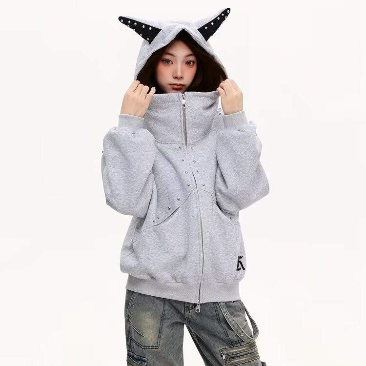 高级感铆钉恶魔角开衫卫衣男女春秋宽松情侣拉链外套WY402P68，女装短外套，星座1013-5