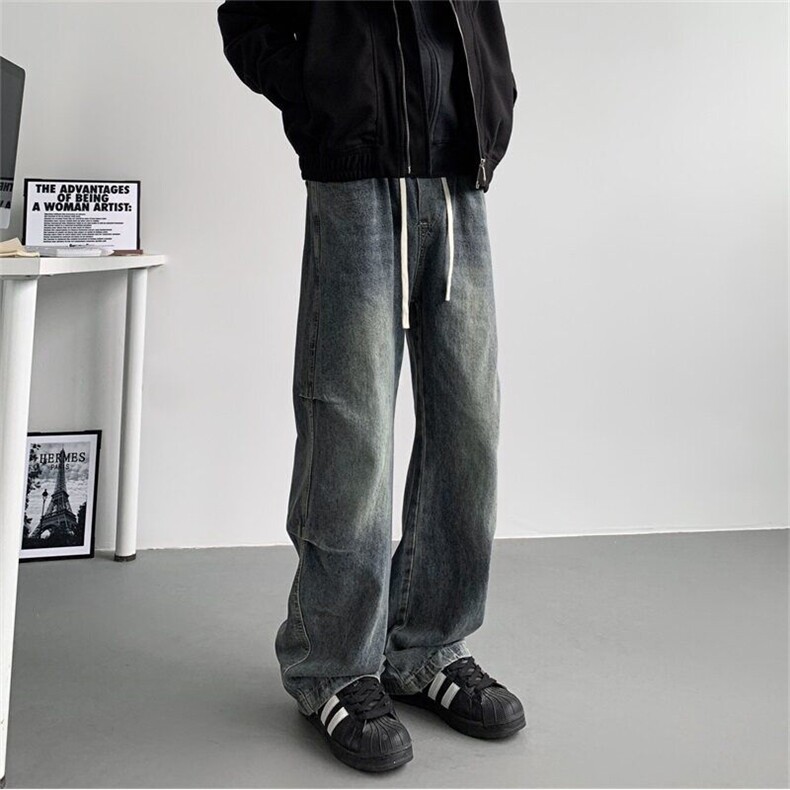 主推【S-4XL】现货！美式复古褶皱水洗裤子男A080-8203-P65控88,男装牛仔裤,电商A080