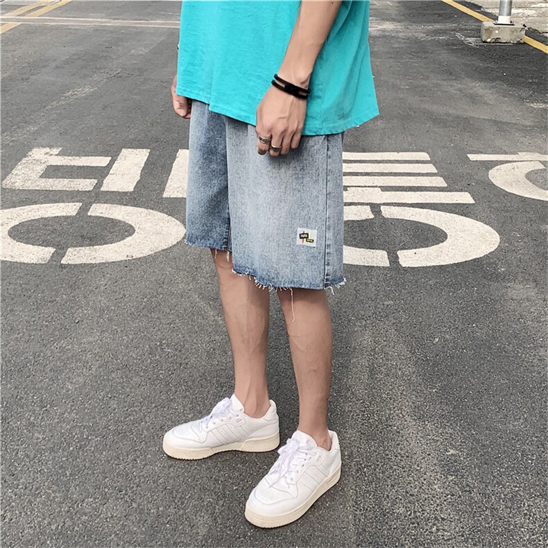 夏季男士牛仔裤子潮流宽松直筒短裤港风五分裤松紧腰b,男装牛仔裤,星座1008