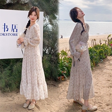 韩版百搭显瘦长款碎花长袖雪纺连衣裙2D075-(P135-K198)，女装连衣裙，2D075