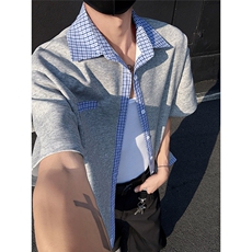 格子拼接撞色夏季潮流假两件衬衫男士翻领短袖休闲百搭BF半袖P40，男装T恤，电商C306-1