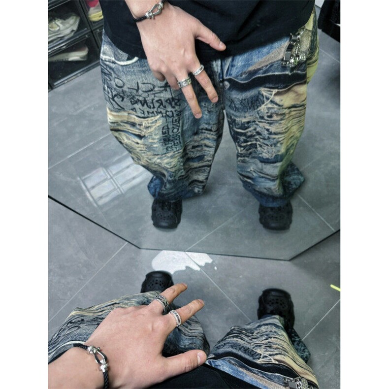 街头3D数码打印水洗涂鸦破坏牛仔裤男女baggy宽松直筒休闲-N6088,男装牛仔裤,星座601-1