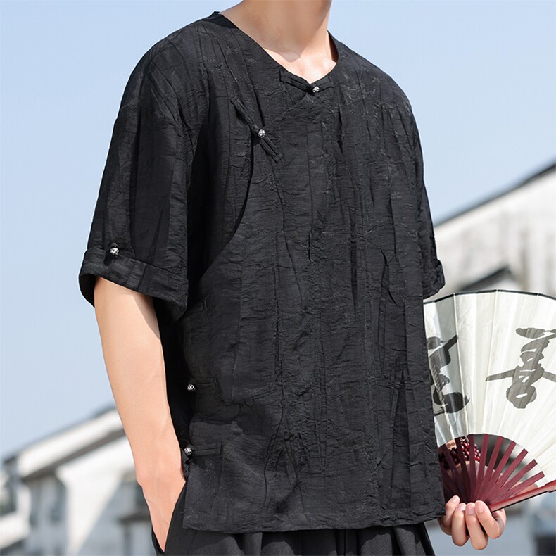 2025夏季新款风男上衣盘扣新中式唐装天丝竹叶衬衫TC131-P75,男装衬衫,电商B277(原6028)