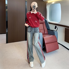 复古撞色polo领卫衣阔腿牛仔裤两件套，女装套装/套裙，江南