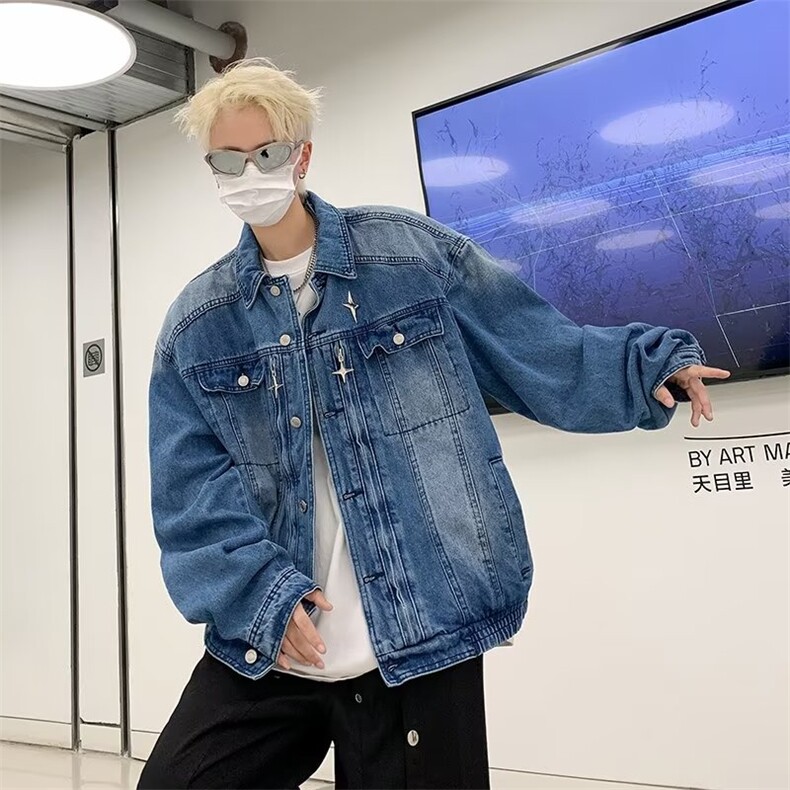 小众金属垫肩牛仔夹克男宽松春季水洗做旧复古短款外套潮N870,男装夹克,星座1116A-1（原606A）