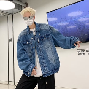 小众金属垫肩牛仔夹克男宽松春季水洗做旧复古短款外套潮N870