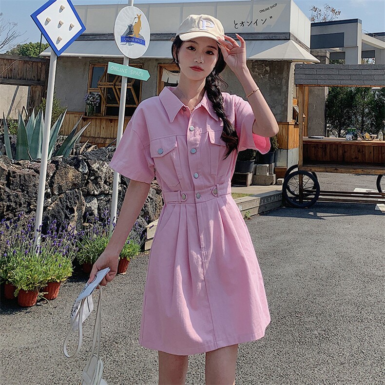2023夏装新款气质时尚显瘦休闲小个子甜美女生棉牛仔裙,女装连衣裙,韩蜜菓