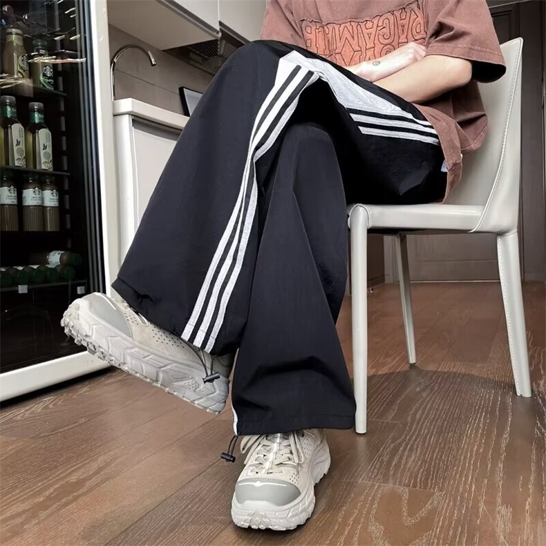高街直筒休闲长裤男春夏季宽松薄款运动束脚冲锋裤女条纹速干裤子,男装休闲裤,星座1013