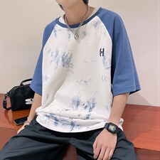 新款夏季短袖珠地面料宽松刺绣印花假两件男士T恤ZDY3414-P50,男装T恤,星座717