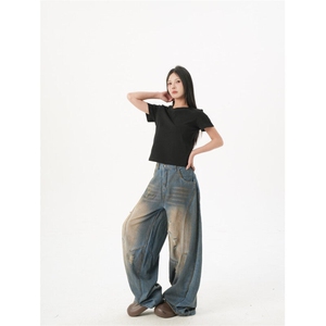 2181-P69 美式高街vibe风辣妹破洞牛仔裤女废土风做旧脏染裤图片