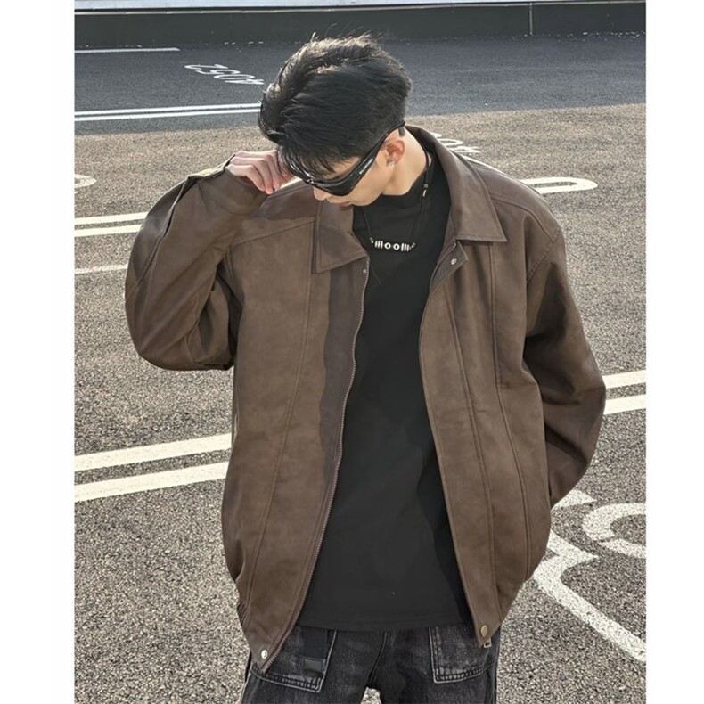 抖音PU皮夹克宽松复古纯色外套DY2407-特P80加厚2408-P90图片