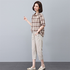 2023年夏装新款潮格子宽松显瘦韩版气质女减龄两件套，女装套装/套裙，独衣靓