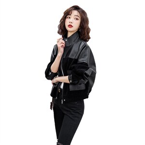 春季秋季短款显瘦muji风嘻哈风立领皮衣拼接女装春秋时尚休闲百搭，女装皮衣，缘衣格