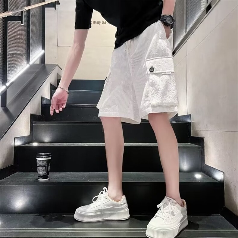 白色条纹工装短裤男夏季流大口袋休闲宽松5五分裤新款2023D06,男装牛仔裤,星座1116A-2（原606A-1）