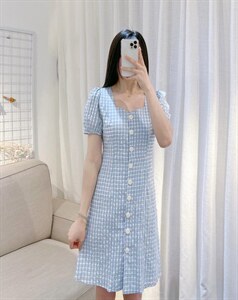 DINO BIENS【现货】 夏季新款  韩系方领格子连衣裙图片