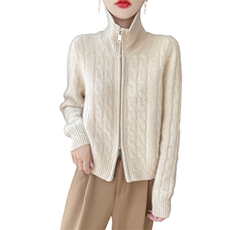 100%纯羊毛双拉链开衫女翻领加厚针织外套宽松扭花羊绒衫外搭上衣，女装羊毛衫，科源羊绒