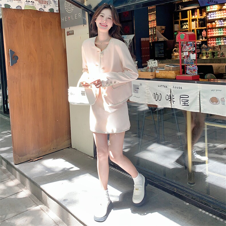 法式小香风气质名媛套装裙女2025新款春秋高级感粉色A字裙两件套,女装套装/套裙,韩蜜菓