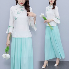 芷墨新款时尚复古俩件套套装中式盘扣上衣裤子套装改良日常汉服女，女装套装/套裙，芷墨服饰