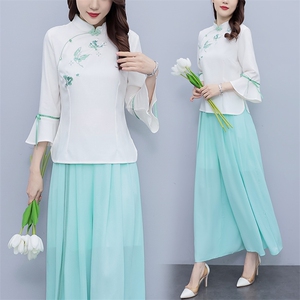 芷墨新款时尚复古俩件套套装中式盘扣上衣裤子套装改良日常汉服女