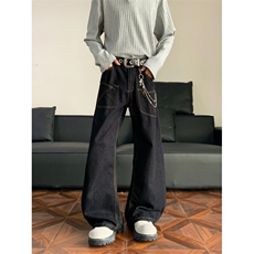 美式复古水洗牛仔裤男款直筒宽松弯刀阔腿痞帅高级感裤子潮流百搭，男装牛仔裤，四季星座505