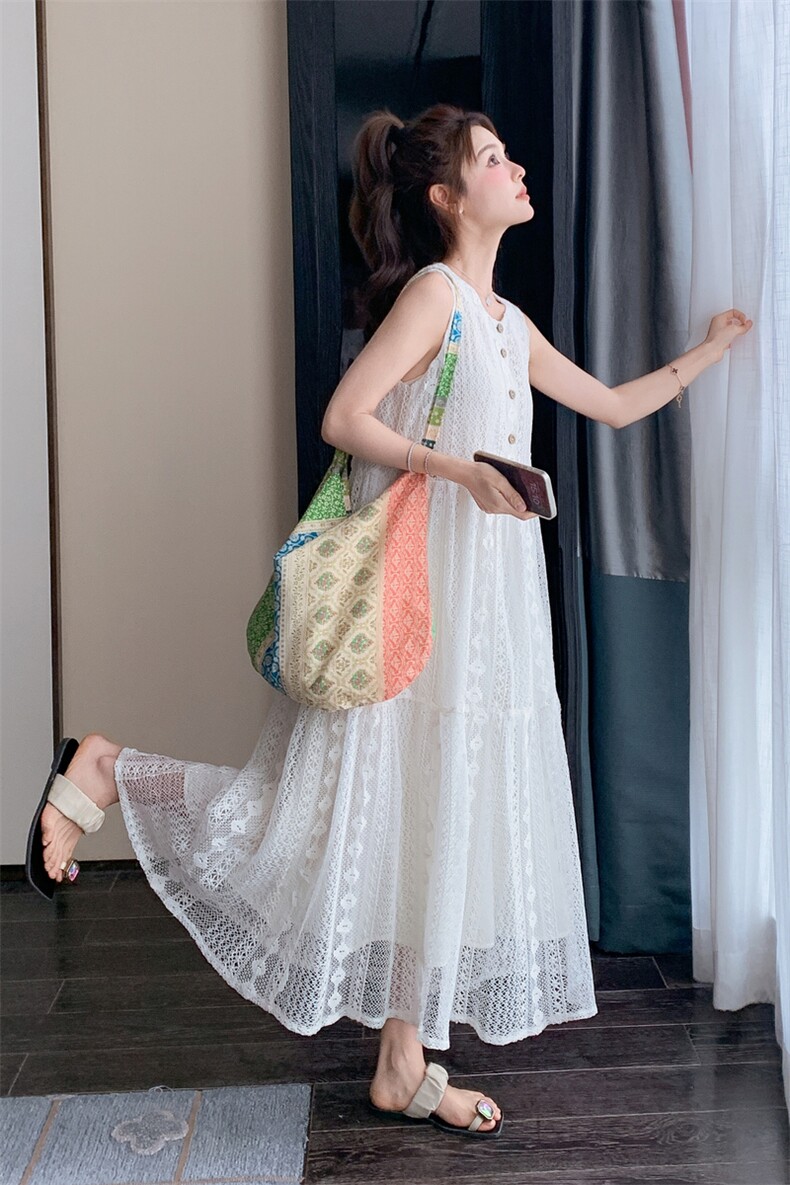 独特绝美白色无袖蕾丝连衣裙女夏超好看温柔气质背心连身长裙及踝,女装连衣裙,浪娴服饰