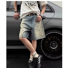 夏季新款美式水洗做旧破洞牛仔短裤男宽松直筒五分裤A5125-P40，男装牛仔裤，星座208-5