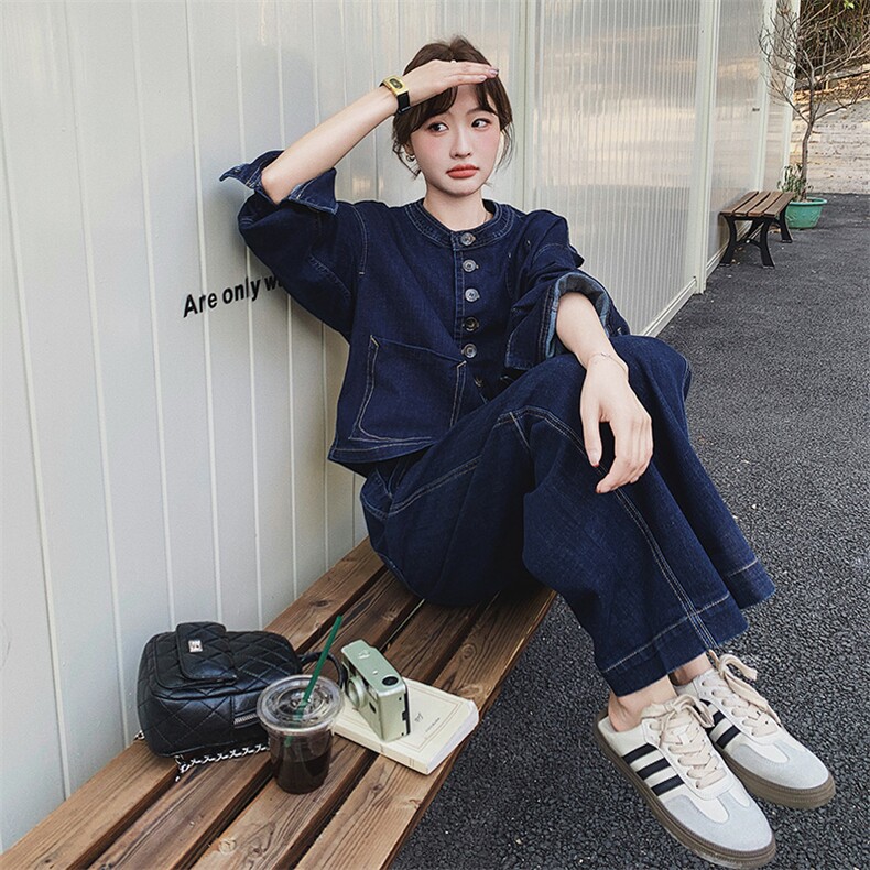 超火ootd穿搭松弛感牛仔套装女2025春季新款韩系减龄阔腿裤两件套,女装套装/套裙,2C293