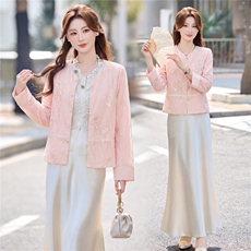 主推现货重工艺新款新中式春夏提花刺绣设计感时尚气质减龄两件套，女装套装/套裙，韩美纤衣