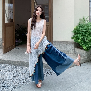 设计感不规则流苏罩衫套装女2025夏新款休闲高腰显瘦阔腿裤两件套图片