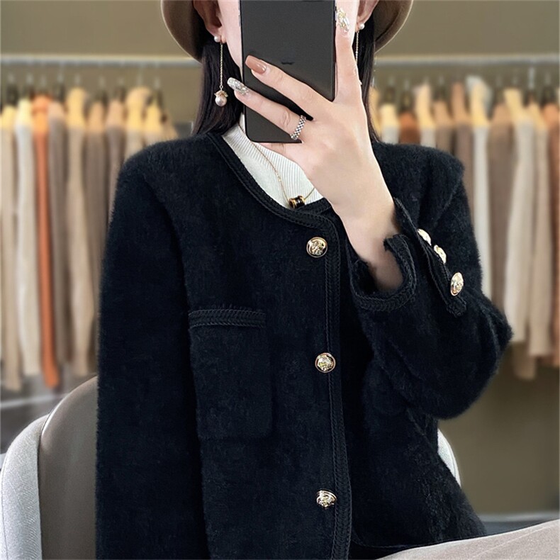 时尚水貂绒外套女款秋冬新款显瘦百搭气质开衫毛衣外套,针织衫/毛衣,暖姿羊绒