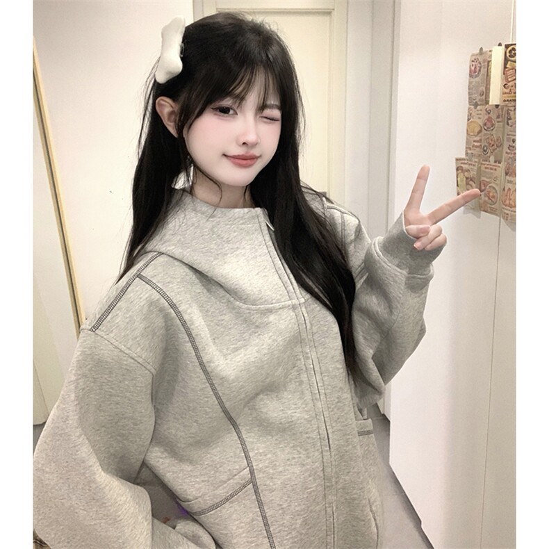 抖音得物高品质秋冬美式高街重磅结构辑明线纹理连帽卫衣外套W111,女装短外套,电商A486-1