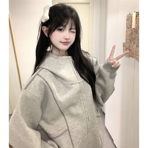 抖音得物高品质秋冬美式高街重磅结构辑明线纹理连帽卫衣外套W111