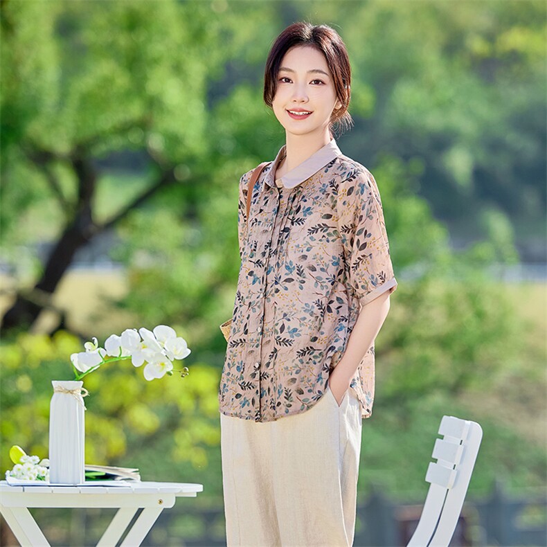 2026年夏季女短袖宽松苎麻常规亲肤透气文艺风,女装衬衫,江南依恋