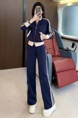 潮牌立领时尚运动套装女春新款开衫拼接条纹短款外套阔腿裤两件套，女装套装/套裙，江南