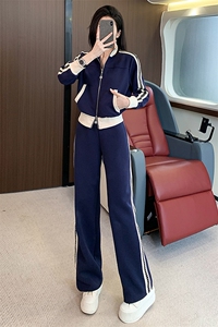 潮牌立领时尚运动套装女春新款开衫拼接条纹短款外套阔腿裤两件套图片