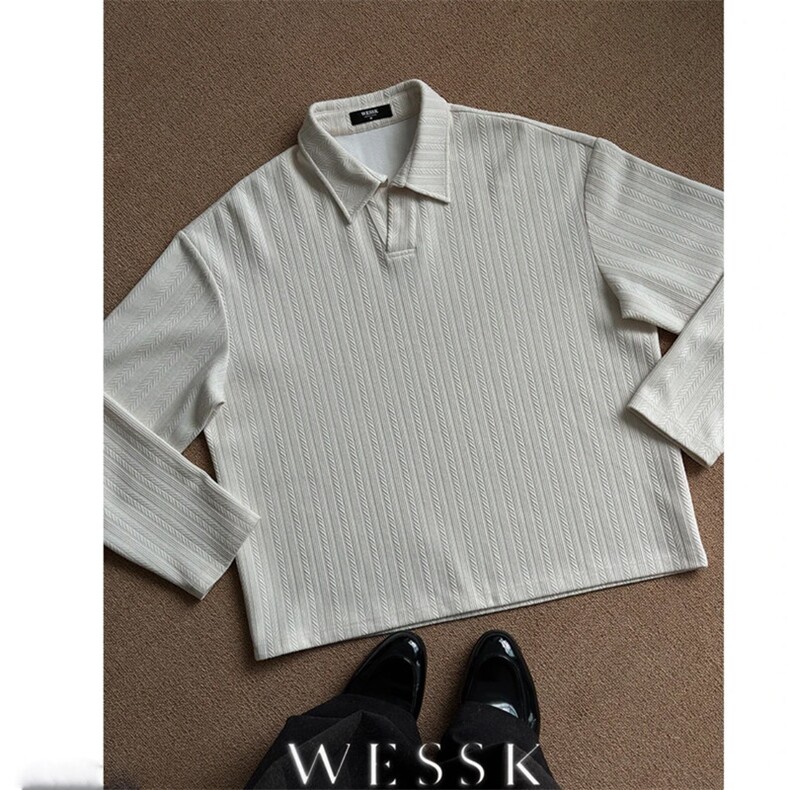 （网图）美式老钱风V领POLO衫男麦穗条纹cleanfit长袖卫衣外套P38，男装卫衣，电商C306-1