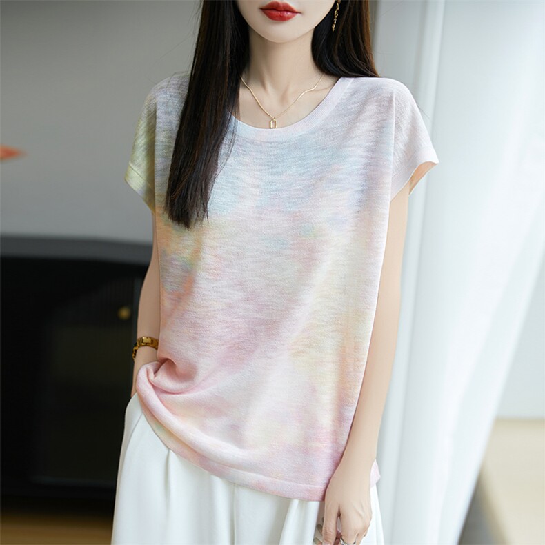 法式印花冰麻针织短袖T恤女2025夏薄透气宽松显瘦上衣小飞袖t恤衫,针织衫/毛衣,郡淞羊绒