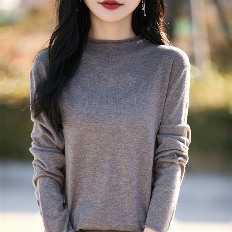 卷边半高领超细精纺羊毛衫女春秋薄款针织毛衣宽松打底衫短款上衣,女装羊毛衫,总能电商供货
