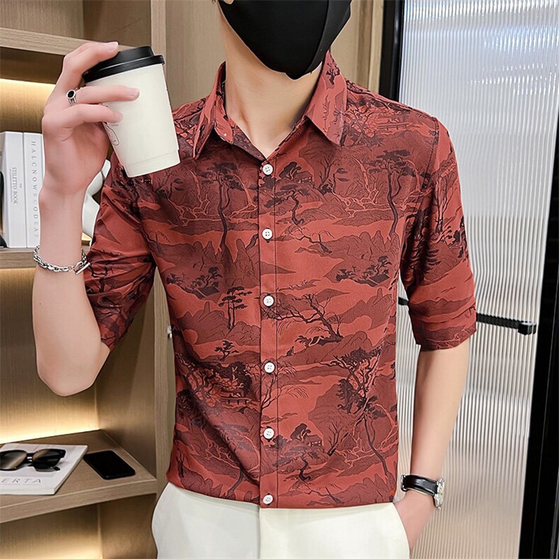 507A-CS535-P48 夏季修身发型师七分袖风印花衬衣中袖衬衫图片