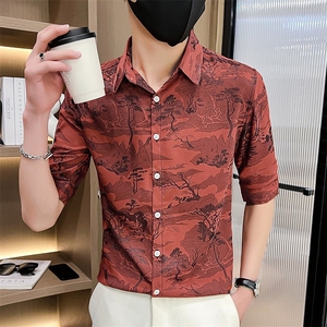 507A-CS535-P48 夏季修身发型师七分袖风印花衬衣中袖衬衫图片