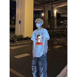 美式复古印花短袖T恤ins潮牌潮流小领口打底衫宽松七分袖
