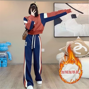 现货加绒运动服套装女秋冬新款休闲时尚卫衣阔腿裤两件套洋气图片
