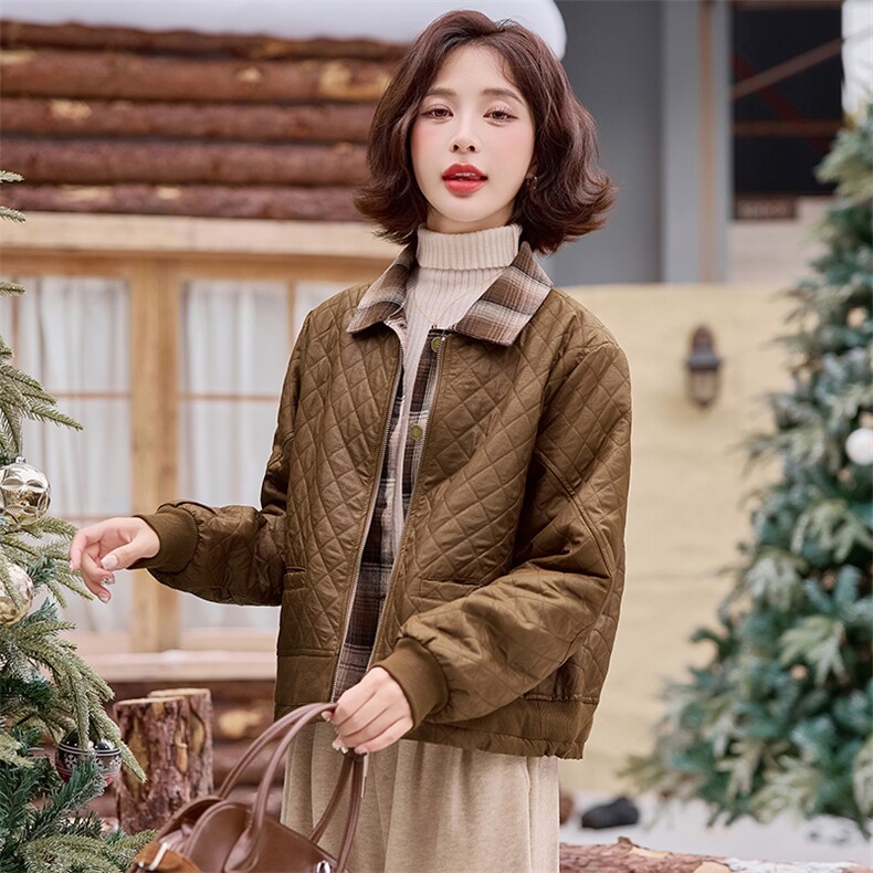 2024冬装新款假两件格子领夹棉短外套,女装棉衣/棉服,梦芯尔