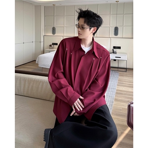 春秋男士衬衫外套韩版休闲长袖衬衫打底西装领铆钉装饰衬衫 P42图片