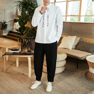 2021春季新款男装 中国风刺绣套装棉麻两件套衬衫+裤子 TZ03图片