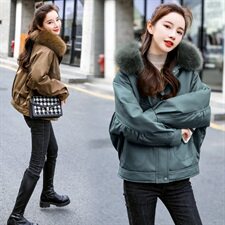 棉衣/棉服2021新款冬兔毛中长款工装带帽棉服女外套配毛领，女装派克服，瑶迪依秀