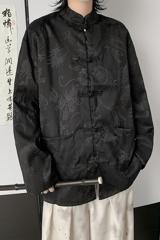 冰丝龙纹提花新中式衬衫个性百搭休闲衬衣上衣C6032/P47,男装衬衫,电商D202-1