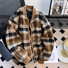 悟空冬拼色格子毛呢棒球服棉衣男潮牌夹棉加厚保暖外套MY315P75，男装棉衣，星座1013-1